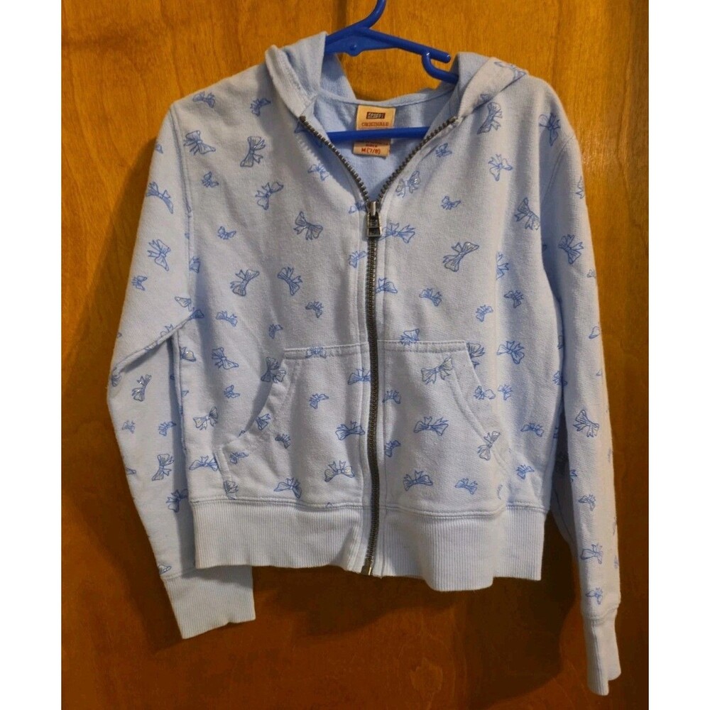 Girts Faded Glory M 7/8 Light Blue bowtie pattern full zip hoodie